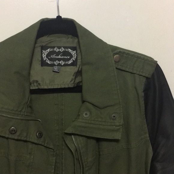 Green Military Jacket with Faux Leather Sleeves - Picture 5 of 7